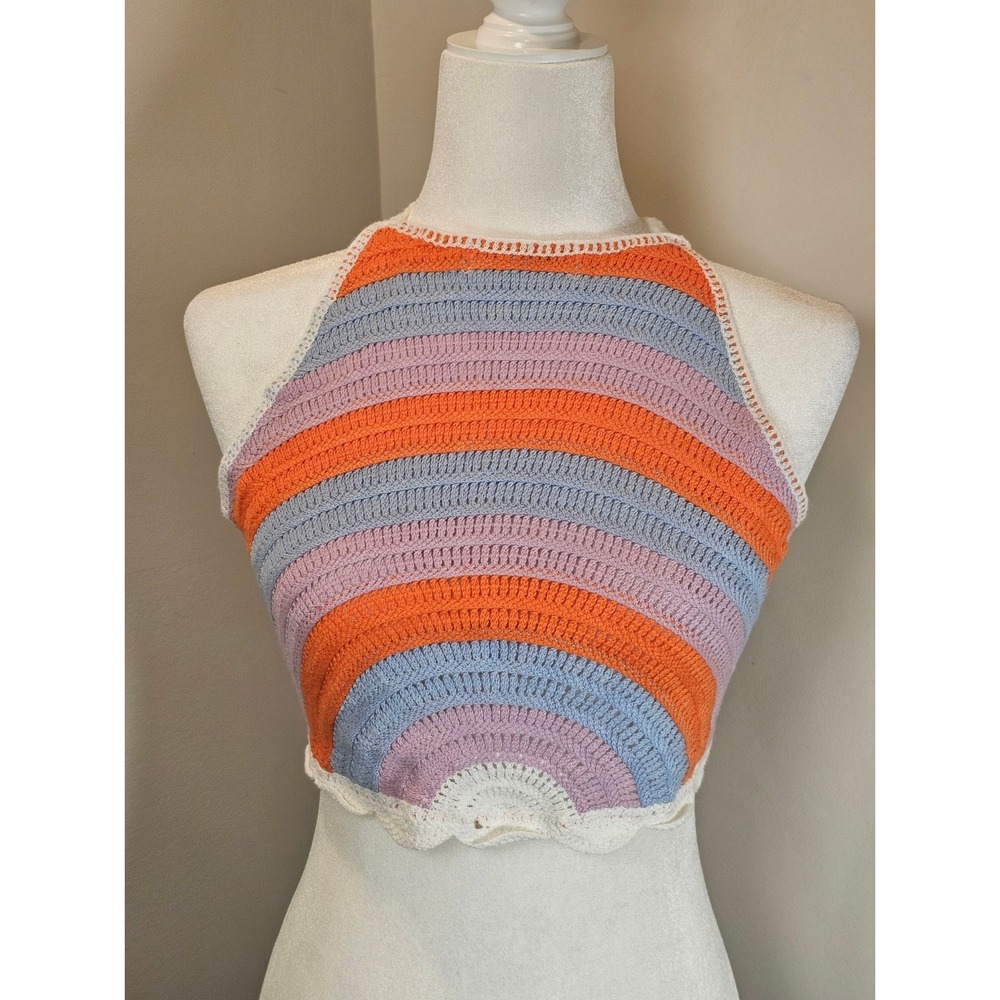 India Boutique Crochet Halter Top Orange Blue Striped Cotton Boho Festival Crop